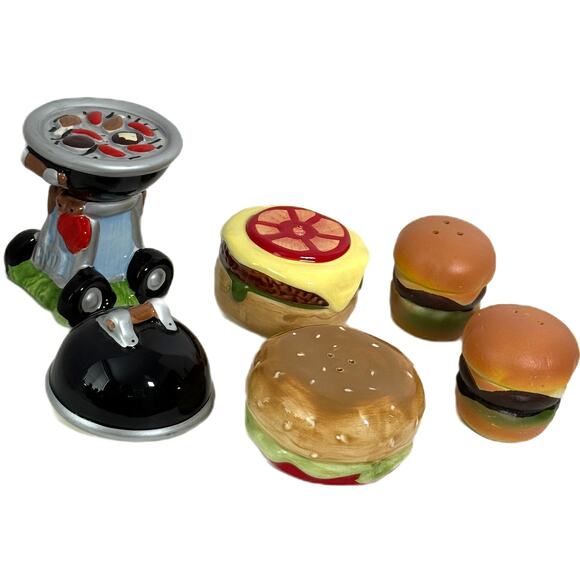 Lot of 3 Ceramic Salt Pepper Shaker Pier 1 Hamburger Backyard BBQ Grill & Burger - Picture 8 of 9